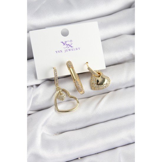 Pirinç Zİrkon Taşlı Kalp Model Gold Renk 3'lü Kadın Küpe
