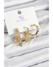 Pirinç Zİrkon Taşlı Sallantılı Yıldız Model Gold Renk 3'lü Kadın Küpe