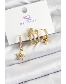 Pirinç Zİrkon Taşlı Sallantılı Yıldız Model Gold Renk 3'lü Kadın Küpe