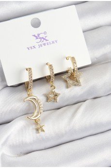 Pirinç Zİrkon Taşlı Ay Ve Hilal Model Gold Renk 3'lü Kadın Küpe