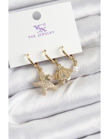 Pirinç Zİrkon Taşlı Deniz Yıldızı Ve İstiridye Model Gold Renk 3'lü Kadın Küpe