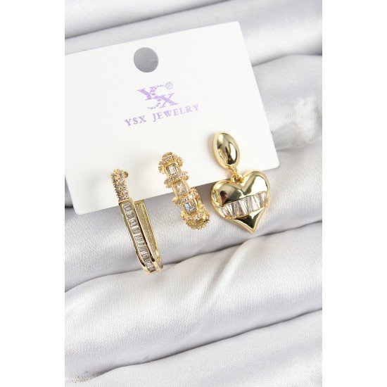 Pirinç Zİrkon Taşlı Kalp Model Gold Renk 3'lü Kadın Küpe Pirinç Zİrkon Taşlı Kalp Model Gold Renk 3'lü Kadın Küpe