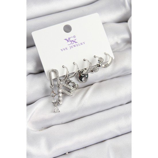 Pirinç Zİrkon Taşlı Dikdörtgen Model Gümüş Renk 3'lü Çift Kadın Küpe