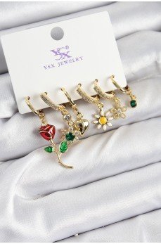 Pirinç Zİrkon Taşlı Gül Ve Papatya Model Gold Renk 3'lü Çift Kadın Küpe