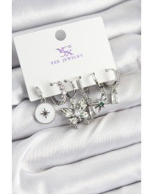 Pirinç Zİrkon Taşlı Kelebek ve Yıldız Model Gümüş Renk 3'lü Çift Kadın Küpe