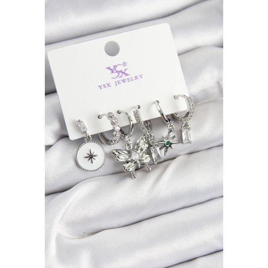 Pirinç Zİrkon Taşlı Kelebek ve Yıldız Model Gümüş Renk 3'lü Çift Kadın Küpe