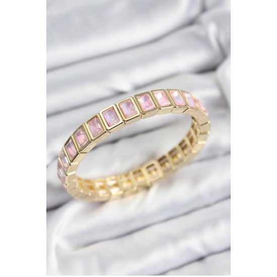 Pirinç Pembe Zirkon Taşlı Dikdörtgen Model Gold Renk Lastikli Kadın Bileklik