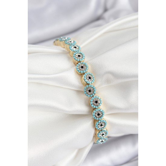 Pirinç Zirkon Taşlı Turkuaz Nazar Model Gold Renk Lastikli Kadın Bileklik
