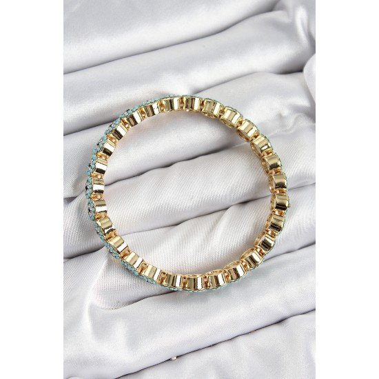 Pirinç Zirkon Taşlı Turkuaz Nazar Model Gold Renk Lastikli Kadın Bileklik