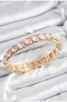 Pirinç Pembe Zirkon Taşlı Kare Model Gold Renk Lastikli Kadın Bileklik