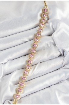 Pirinç Zirkon Taşlı Pembe Kalp Baget Model Gold Renk VIP Seri Kadın Bileklik