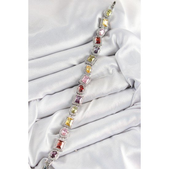 Pirinç Karışık Zirkon Taşlı Baget Model Gümüş Renk VIP Seri Kadın Bileklik