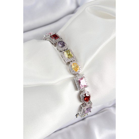 Pirinç Karışık Zirkon Taşlı Baget Model Gümüş Renk VIP Seri Kadın Bileklik