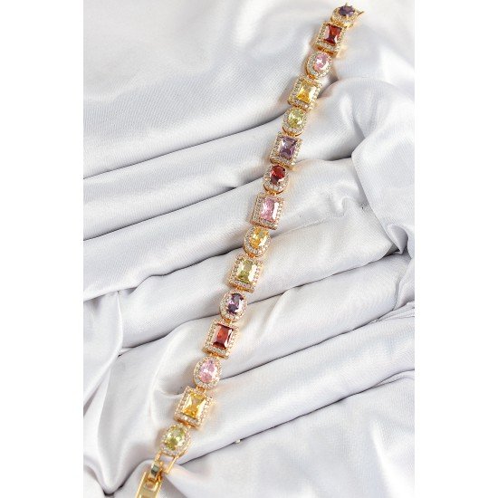 Pirinç Karışık Zirkon Taşlı Baget Model Gold Renk VIP Seri Kadın Bileklik