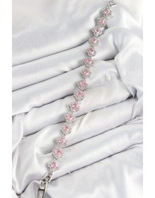 Pirinç Zirkon Taşlı Pembe Yonca Baget Model Gümüş Renk VIP Seri Kadın Bileklik