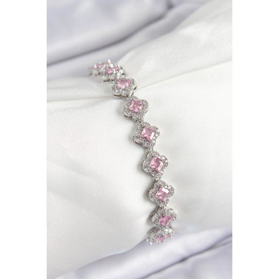 Pirinç Zirkon Taşlı Pembe Yonca Baget Model Gümüş Renk VIP Seri Kadın Bileklik