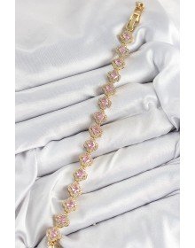 Pirinç Zirkon Taşlı Pembe Yonca Baget Model Gold Renk VIP Seri Kadın Bileklik