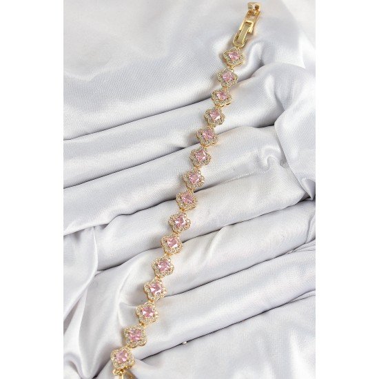 Pirinç Zirkon Taşlı Pembe Yonca Baget Model Gold Renk VIP Seri Kadın Bileklik