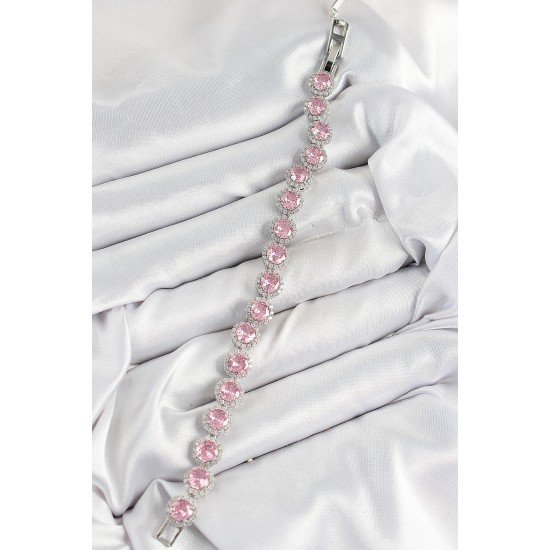 Pirinç Pembe Zirkon Taşlı Daire Baget Model Gümüş Renk VIP Seri Kadın Bileklik