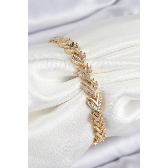 Pirinç Zirkon Taşlı Sıralı Ok Model Gold Renk Kadın Bileklik