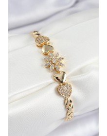 Pirinç Zirkon Taşlı Kalp Detaylı Çiçek Model Gold Renk Kadın Bileklik