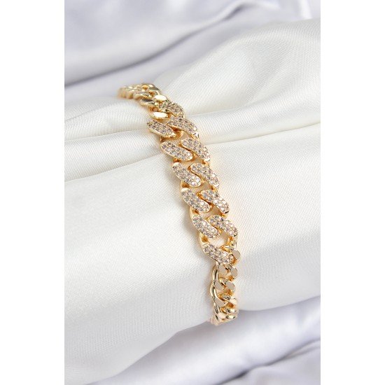 Pirinç Zirkon Taşlı Küba Zincir Model Gold Renk Kadın Bileklik Pirinç Zirkon Taşlı Küba Zincir Model Gold Renk Kadın Bileklik