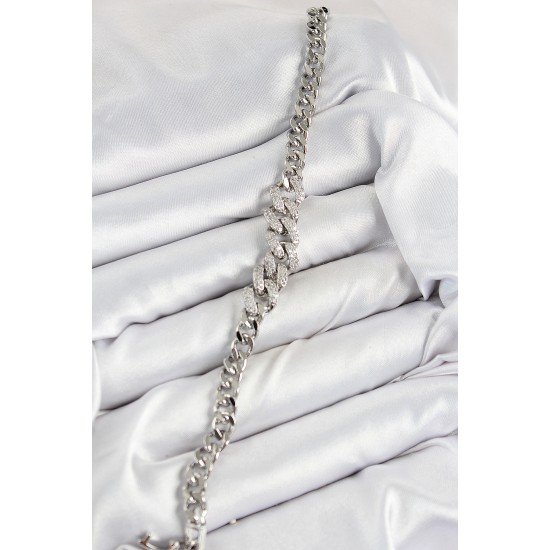 Pirinç Zirkon Taşlı Küba Zincir Model Gümüş Renk Kadın Bileklik