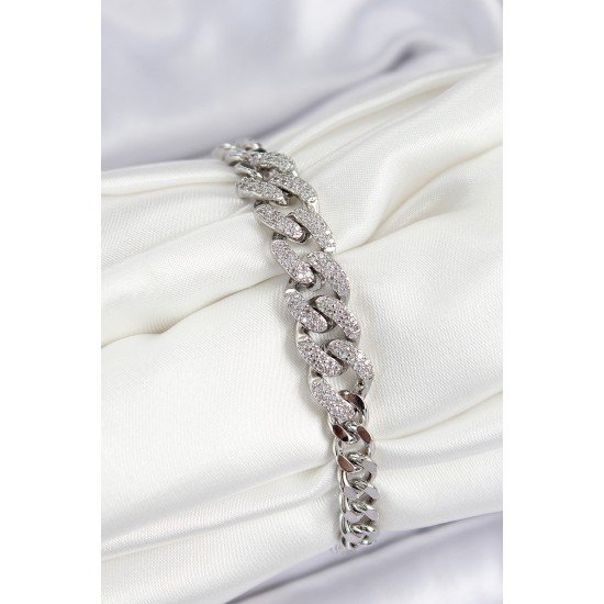 Pirinç Zirkon Taşlı Küba Zincir Model Gümüş Renk Kadın Bileklik