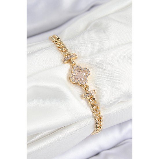 Pirinç Zirkon Taşlı Yonca Model Gold Renk Kadın Bileklik