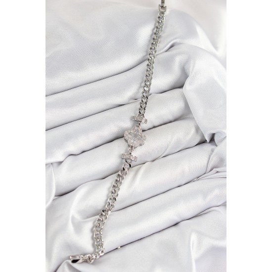 Pirinç Zirkon Taşlı Yonca Model Gümüş Renk Kadın Bileklik