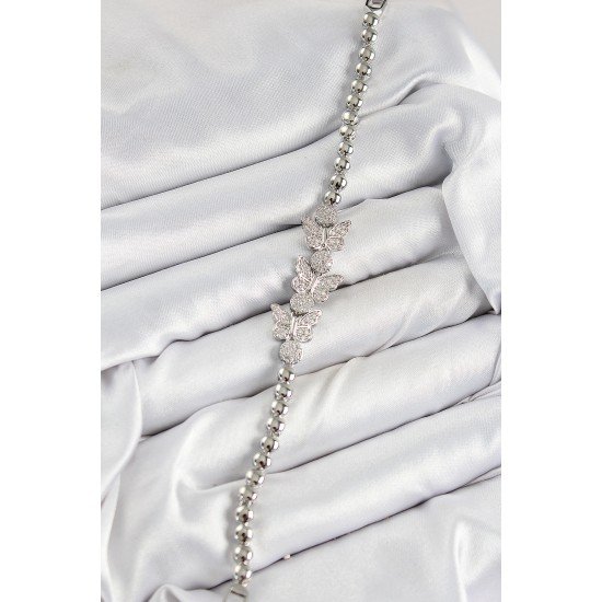 Pirinç Zirkon Taşlı Kelebek Model Gümüş Renk Kadın Bileklik