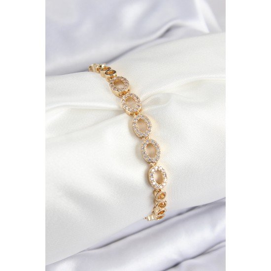 Pirinç Zirkon Taşlı Oval Model Gold Renk Kadın Bileklik