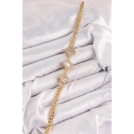 Pirinç Zirkon Taşlı Yonca Model Gold Renk Kadın Bileklik Pirinç Zirkon Taşlı Yonca Model Gold Renk Kadın Bileklik