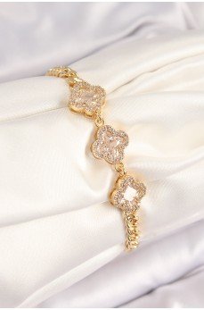 Pirinç Zirkon Taşlı Yonca Model Gold Renk Kadın Bileklik