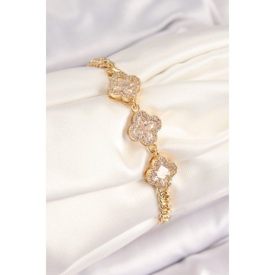 Pirinç Zirkon Taşlı Yonca Model Gold Renk Kadın Bileklik Pirinç Zirkon Taşlı Yonca Model Gold Renk Kadın Bileklik