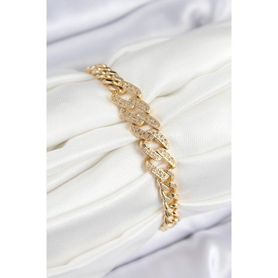 Pirinç Zirkon Taşlı Ezme Küba Zincir Model Gold Renk Kadın Bileklik Pirinç Zirkon Taşlı Ezme Küba Zincir Model Gold Renk Kadın Bileklik