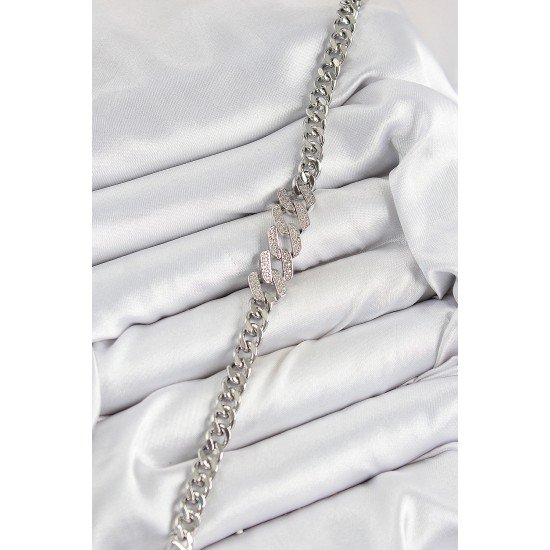 Pirinç Zirkon Taşlı Ezme Küba Zincir Model Gümüş Renk Kadın Bileklik