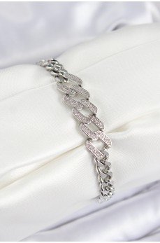 Pirinç Zirkon Taşlı Ezme Küba Zincir Model Gümüş Renk Kadın Bileklik