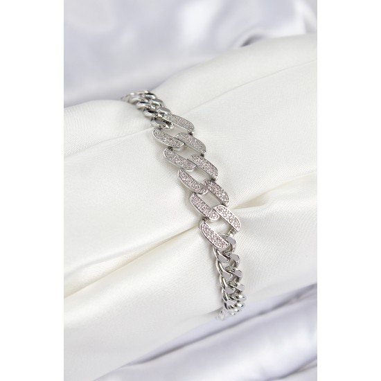 Pirinç Zirkon Taşlı Ezme Küba Zincir Model Gümüş Renk Kadın Bileklik