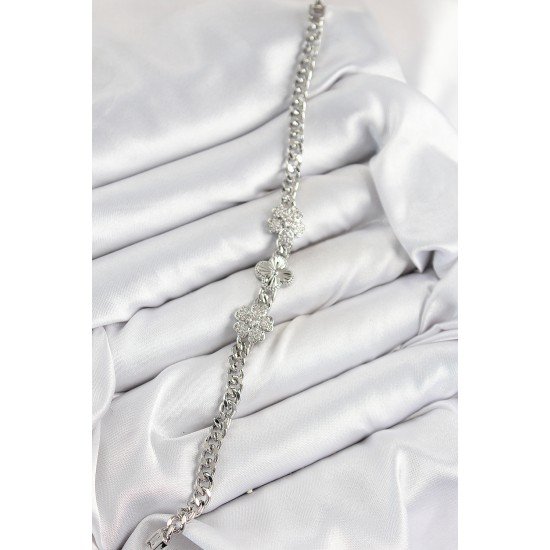 Pirinç Zirkon Taşlı Yonca Model Gümüş Renk Kadın Bileklik