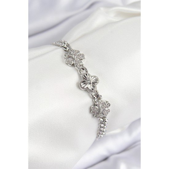 Pirinç Zirkon Taşlı Yonca Model Gümüş Renk Kadın Bileklik