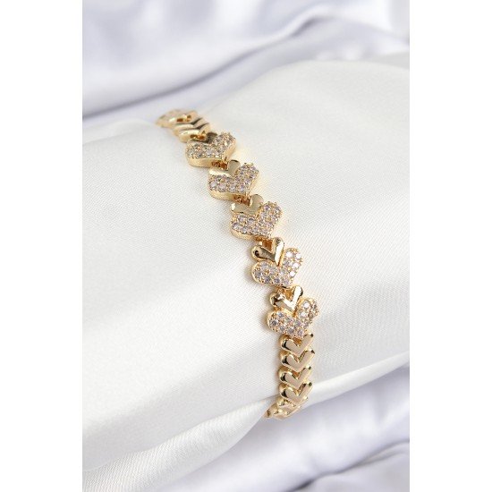 Pirinç Zirkon Taşlı Kalp Model Gold Renk Kadın Bileklik Pirinç Zirkon Taşlı Kalp Model Gold Renk Kadın Bileklik