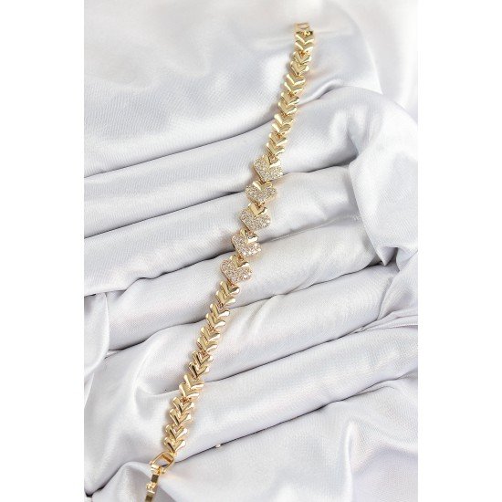 Pirinç Zirkon Taşlı Kalp Model Gold Renk Kadın Bileklik Pirinç Zirkon Taşlı Kalp Model Gold Renk Kadın Bileklik