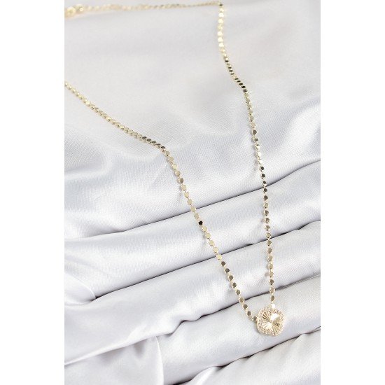 Pirinç Zirkon Taşlı Yonca Model Ezme Zincir Gold Renk Kadın Kolye