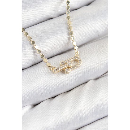 Pirinç Zirkon Taşlı Tifany Model Ezme Zincir Gold Renk Kadın Kolye