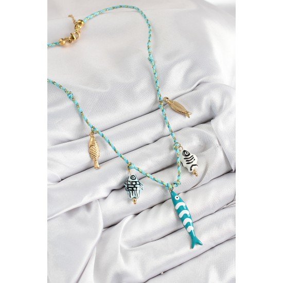 Seramik Motifli Balık Figürlü Model Mavi İp Kadın Kolye