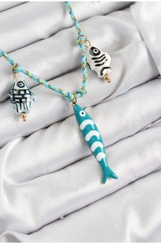 Seramik Motifli Balık Figürlü Model Mavi İp Kadın Kolye