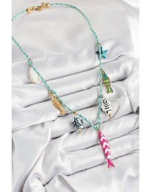 Seramik Motifli Pembe Balık Figürlü Model Mavi İp Kadın Kolye