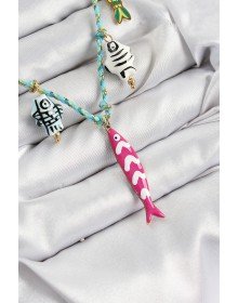 Seramik Motifli Pembe Balık Figürlü Model Mavi İp Kadın Kolye