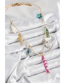 Seramik Motifli Pembe Balık Figürlü Model Krem İp Kadın Kolye